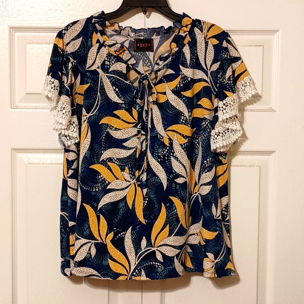 Amana Womens Multi-Color Tunic Style Keyhole Blouse Lace Trimmed Sleeves Sz 3X